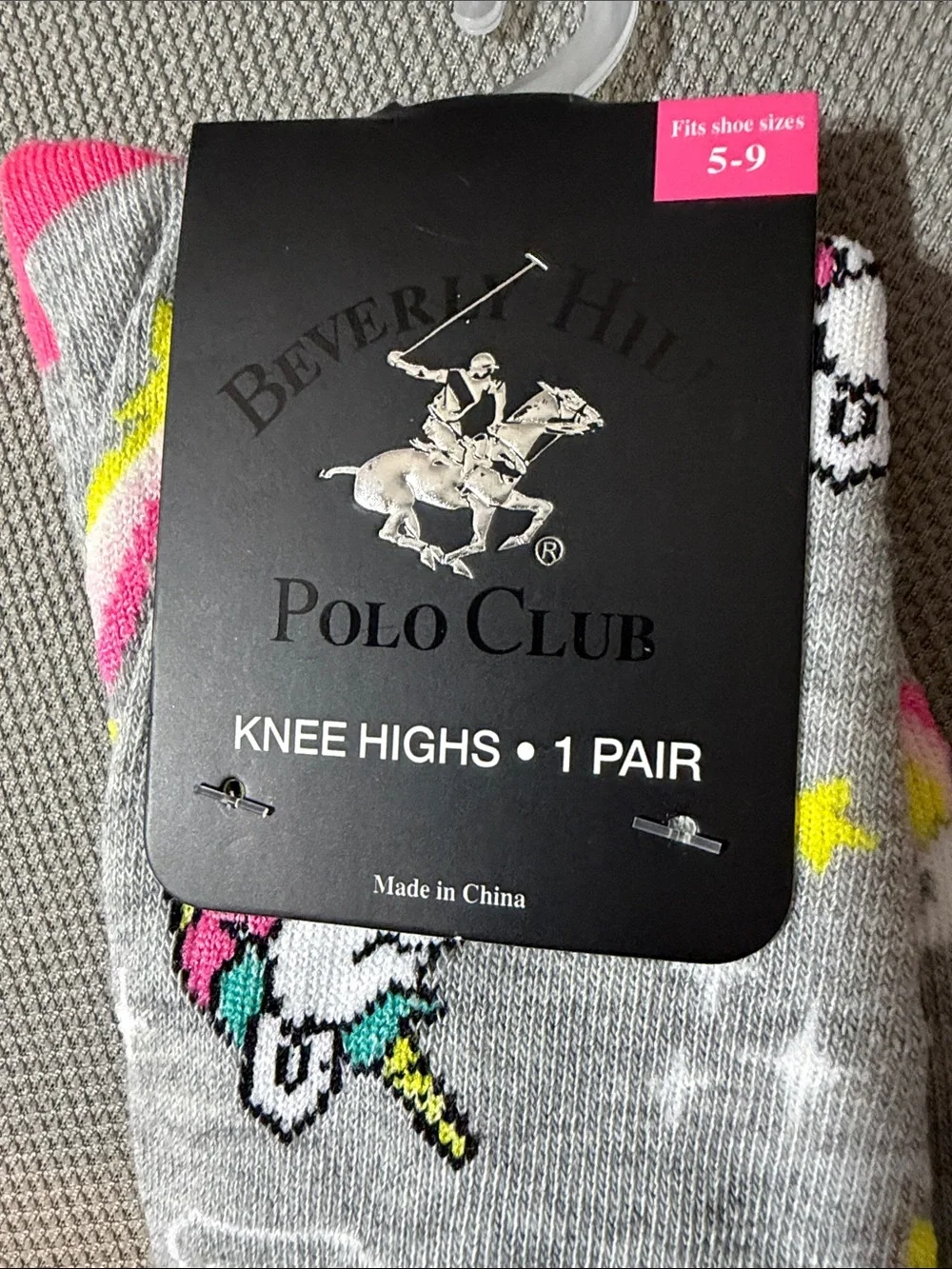 Beverly Hills Polo Club Grey Knee High Socks with Unicorns & Rainbows-size 5-9